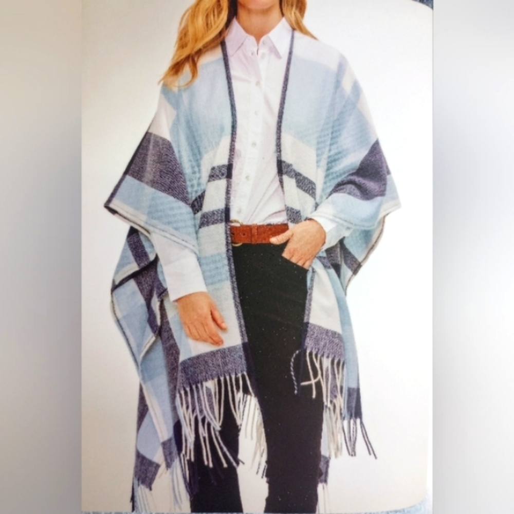 NWT Banana Republic Cashmere Blend Wrap With Fringe, Skyler Blue Plaid